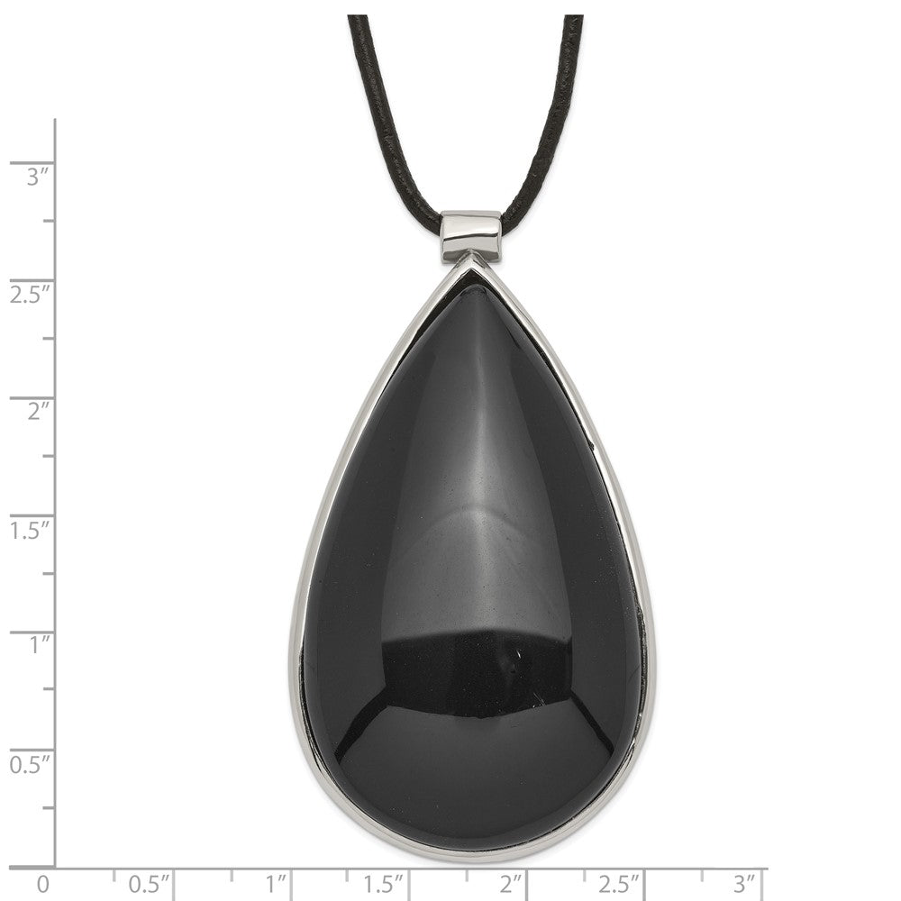 Stainless Steel Black Glass Teardrop With 1.5 In Ext Necklace