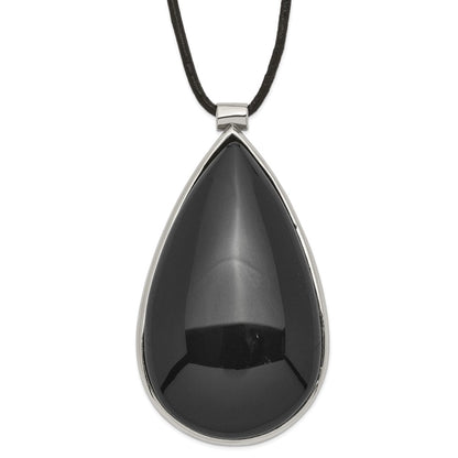 Stainless Steel Black Glass Teardrop With 1.5 In Ext Necklace