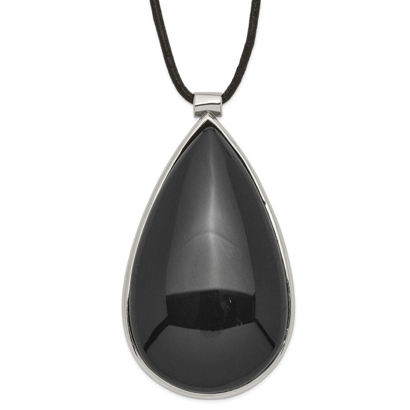 Stainless Steel Black Glass Teardrop With 1.5 In Ext Necklace