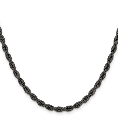 Stainless Steel Chisel Polished Black Ip-Plated 4mm Rope Chain Necklace