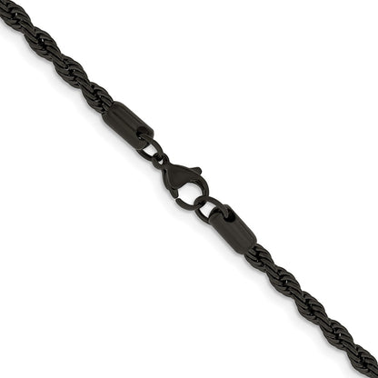 Stainless Steel Chisel Polished Black Ip-Plated 4mm Rope Chain Necklace