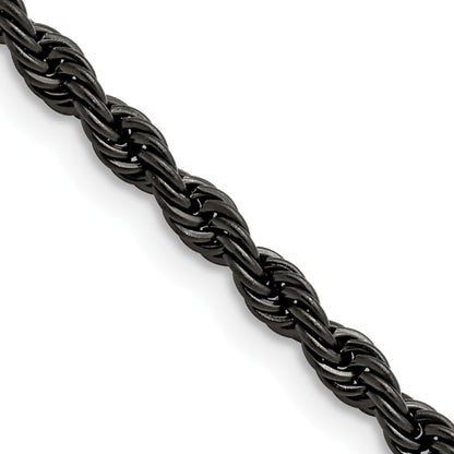 Stainless Steel Chisel Polished Black Ip-Plated 4mm Rope Chain Necklace