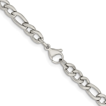Stainless Steel Chisel Polished 5.3mm 24 Inch Figaro Chain Necklace