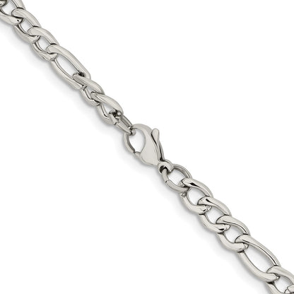 Stainless Steel Chisel Polished 6.3mm 22 Inch Figaro Chain Necklace
