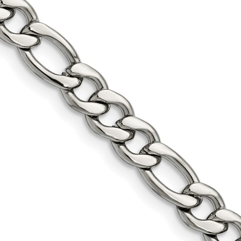 Stainless Steel Chisel Polished 6.75mm 22 Inch Figaro Chain Necklace