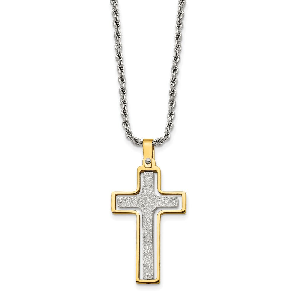 Stainless Steel Chisel Polished Laser Cut Center Yellow Ip-Plated Moveable Cross Pendant On 22 Inch Rope Chain Necklace
