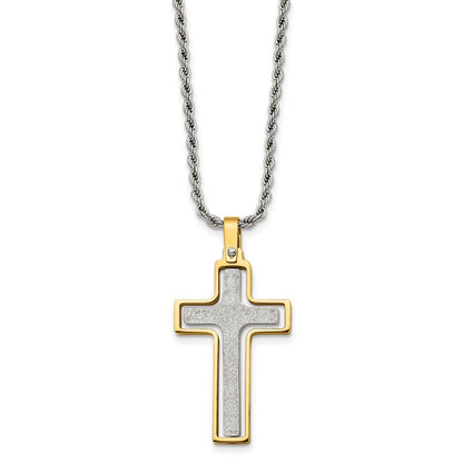 Stainless Steel Chisel Polished Laser Cut Center Yellow Ip-Plated Moveable Cross Pendant On 22 Inch Rope Chain Necklace