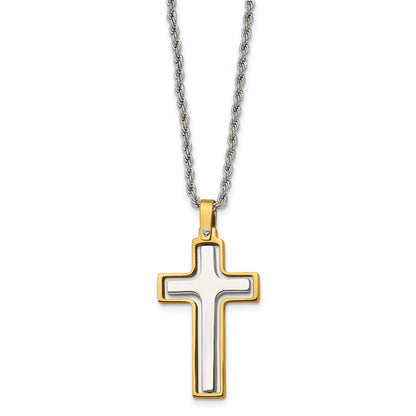 Stainless Steel Chisel Polished Laser Cut Center Yellow Ip-Plated Moveable Cross Pendant On 22 Inch Rope Chain Necklace