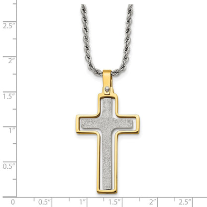 Stainless Steel Chisel Polished Laser Cut Center Yellow Ip-Plated Moveable Cross Pendant On 22 Inch Rope Chain Necklace