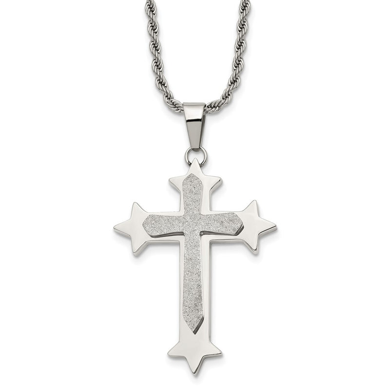 Stainless Steel Chisel Polished And Laser Cut Cross Pendant On A 24 Inch Rope Chain Necklace