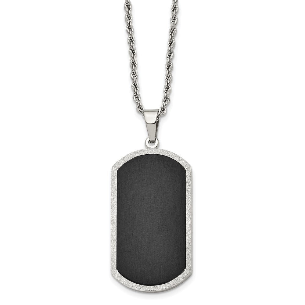 Stainless Steel Chisel Polished Black-Plated Laser Cut Edge Dog Tag On A 24 Inch Rope Chain Necklace