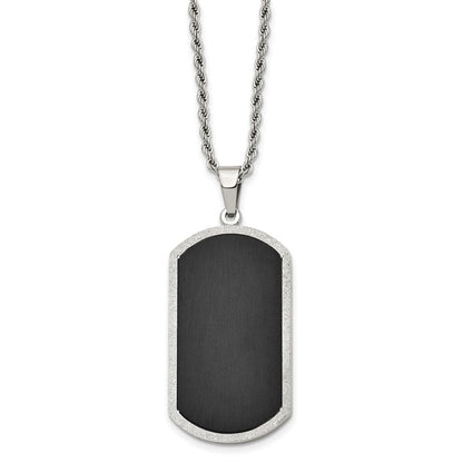 Stainless Steel Chisel Polished Black-Plated Laser Cut Edge Dog Tag On A 24 Inch Rope Chain Necklace