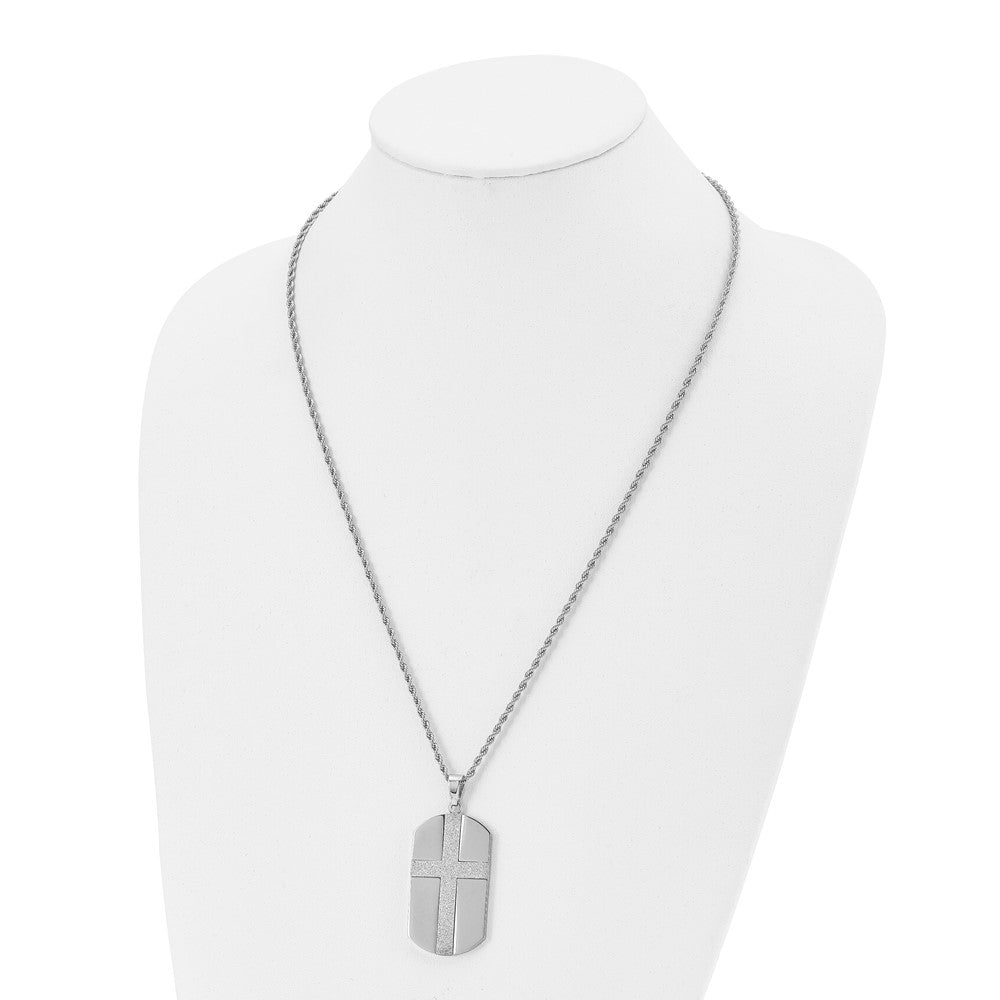 Stainless Steel Chisel Polished Laser Cut Cross Dog Tag On A 24 Inch Rope Chain Necklace