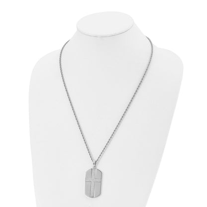 Stainless Steel Chisel Polished Laser Cut Cross Dog Tag On A 24 Inch Rope Chain Necklace