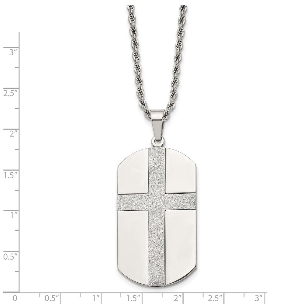 Stainless Steel Chisel Polished Laser Cut Cross Dog Tag On A 24 Inch Rope Chain Necklace