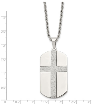Stainless Steel Chisel Polished Laser Cut Cross Dog Tag On A 24 Inch Rope Chain Necklace