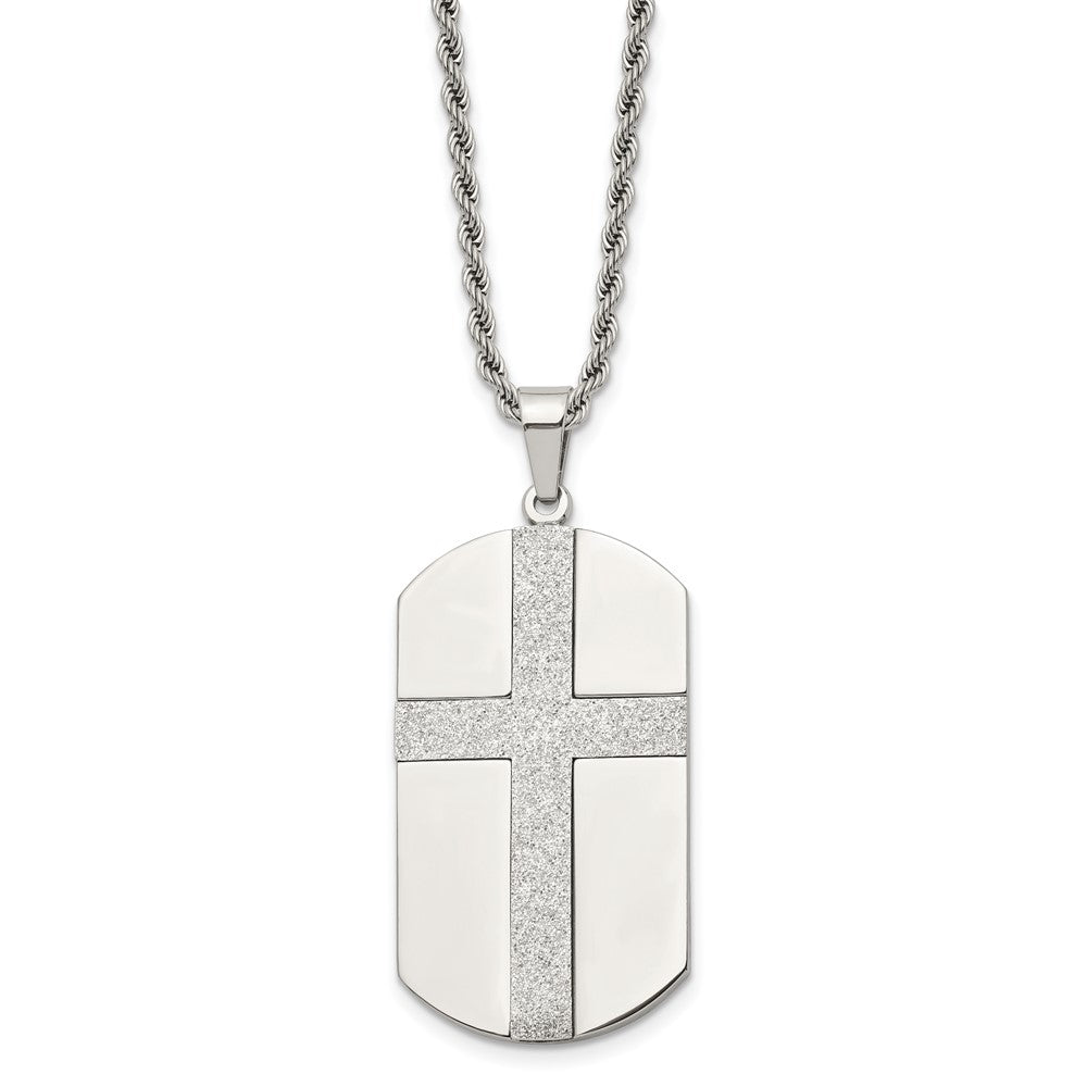 Stainless Steel Chisel Polished Laser Cut Cross Dog Tag On A 24 Inch Rope Chain Necklace