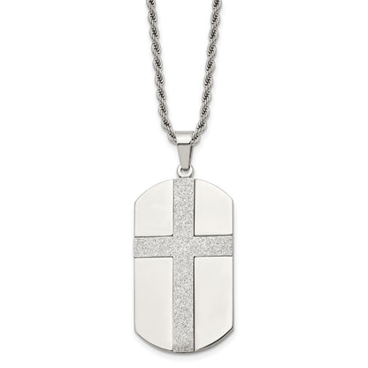 Stainless Steel Chisel Polished Laser Cut Cross Dog Tag On A 24 Inch Rope Chain Necklace
