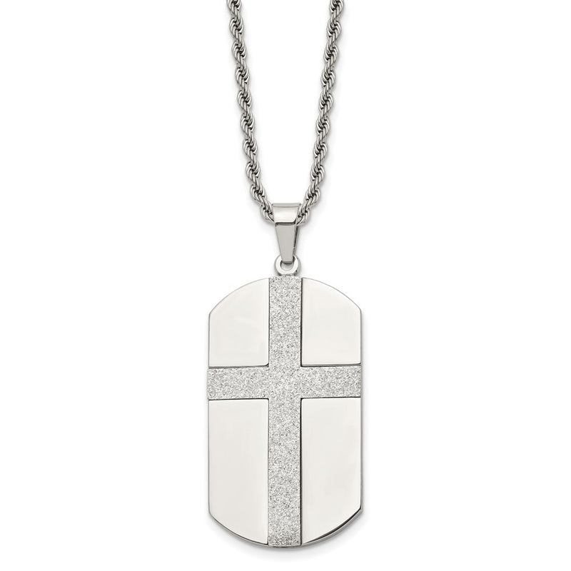Stainless Steel Chisel Polished Laser Cut Cross Dog Tag On A 24 Inch Rope Chain Necklace