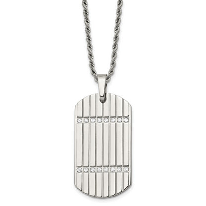 Stainless Steel 24In Polished & Textured W/Czs Dog Tag Necklace