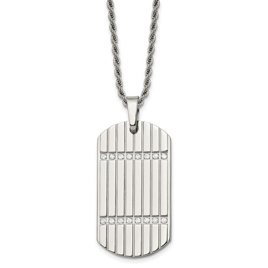 Stainless Steel 24In Polished & Textured W/Czs Dog Tag Necklace