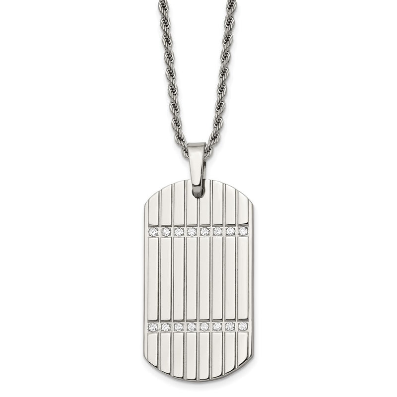 Stainless Steel 24In Polished & Textured W/Czs Dog Tag Necklace