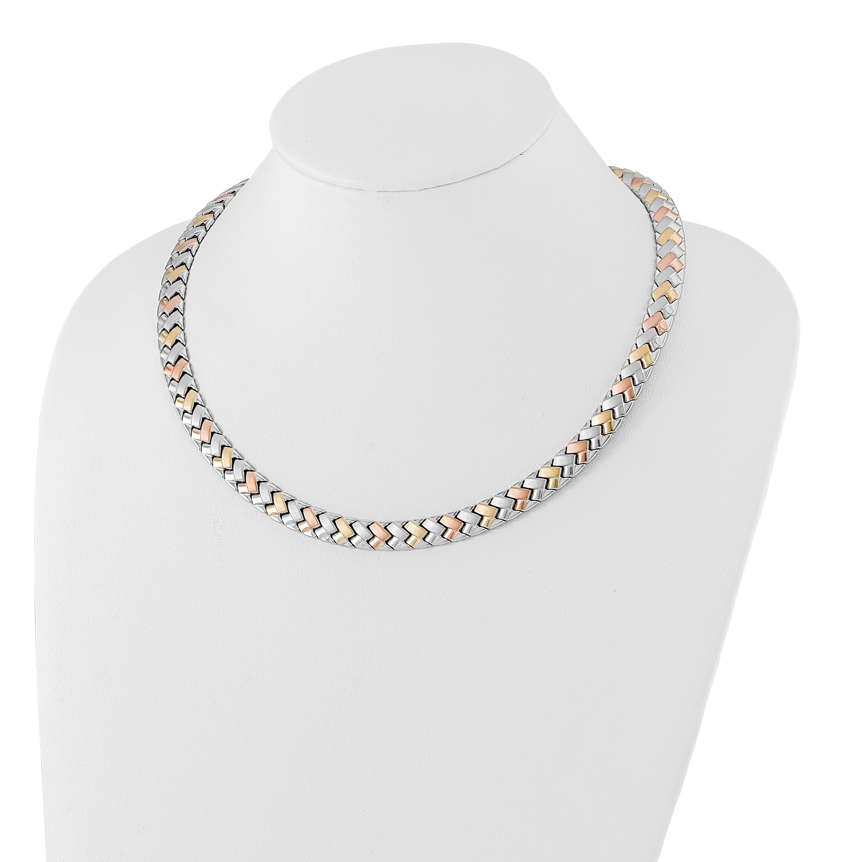 Stainless Steel Rose & Yellow Ip-Plated Polished Satin Link Necklace