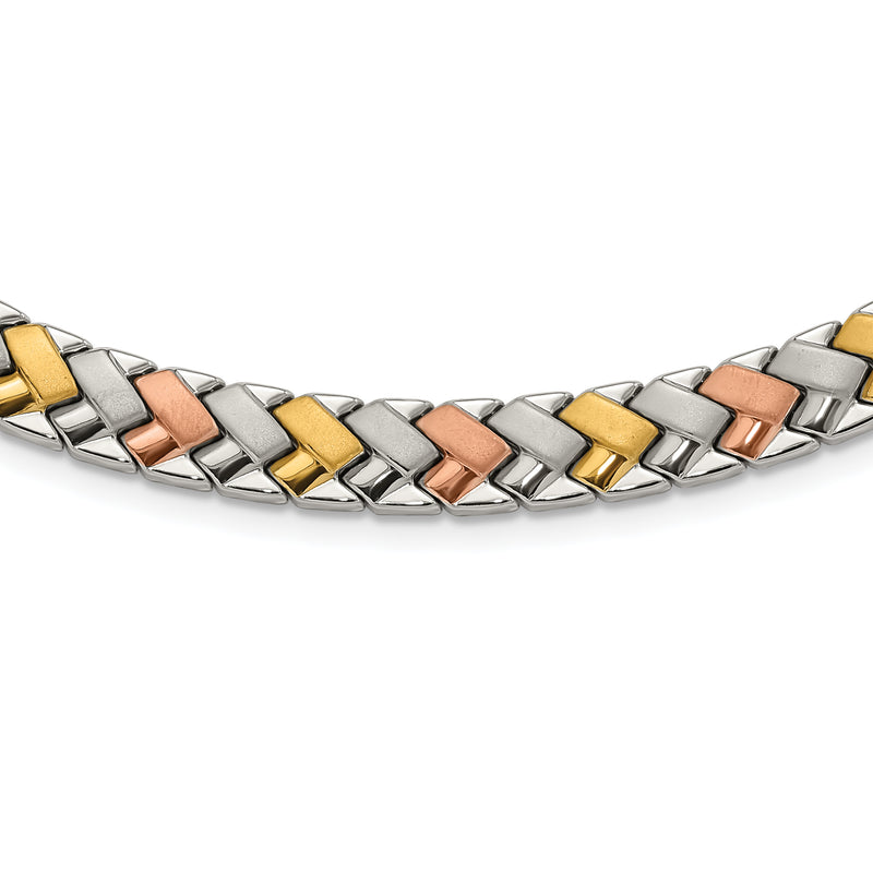 Stainless Steel Rose & Yellow Ip-Plated Polished Satin Link Necklace