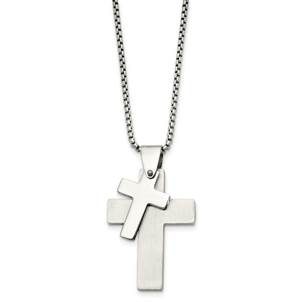 Stainless Steel Chisel Brushed And Polished Double Cross Pendant On A 24 Inch Box Chain Necklace
