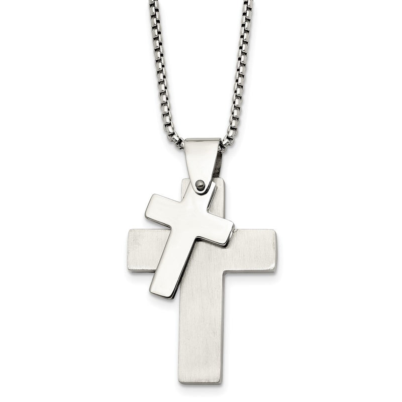 Stainless Steel Chisel Brushed And Polished Double Cross Pendant On A 24 Inch Box Chain Necklace