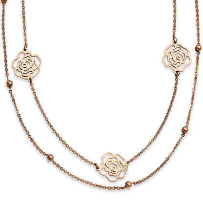 Stainless Steel Pink Ip-Plated Flowers With Extension Necklace