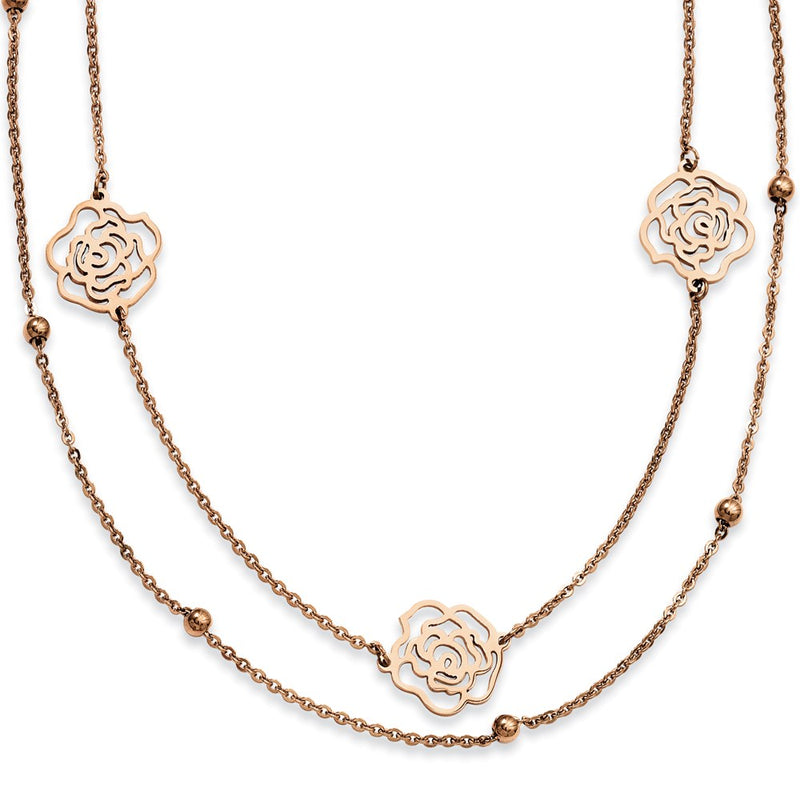 Stainless Steel Pink Ip-Plated Flowers With Extension Necklace