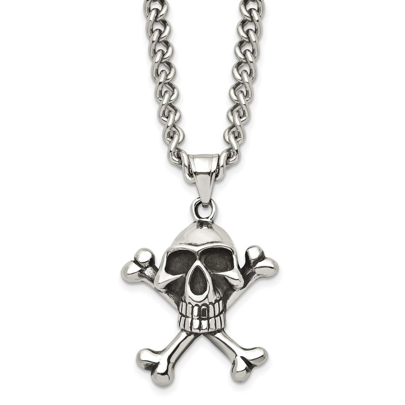 Stainless Steel Chisel Antiqued And Polished Skull Crossbones Pendant On A 24 Inch Curb Chain Necklace
