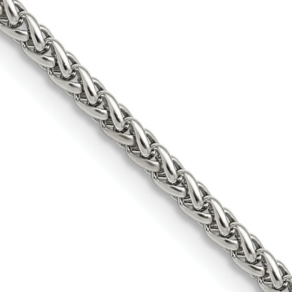Stainless Steel Chisel Polished 3mm 24 Inch Wheat Chain Necklace