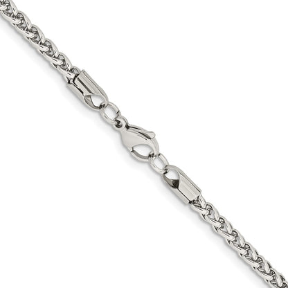 Stainless Steel Chisel Polished 4mm 24 Inch Wheat Chain Necklace