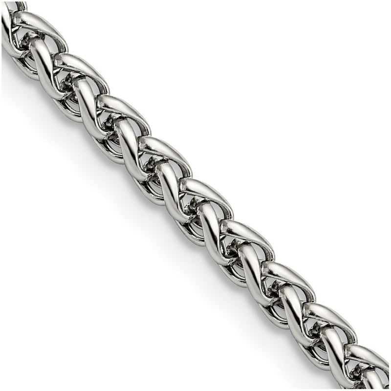 Stainless Steel Chisel Polished 4mm 20 Inch Wheat Chain Necklace