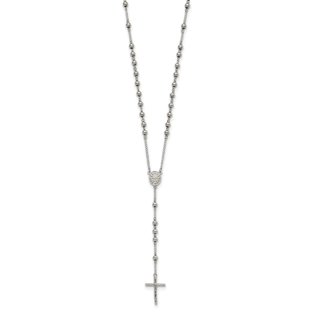 Stainless Steel Chisel Polished 6mm Beaded 29.5 Inch Rosary Necklace
