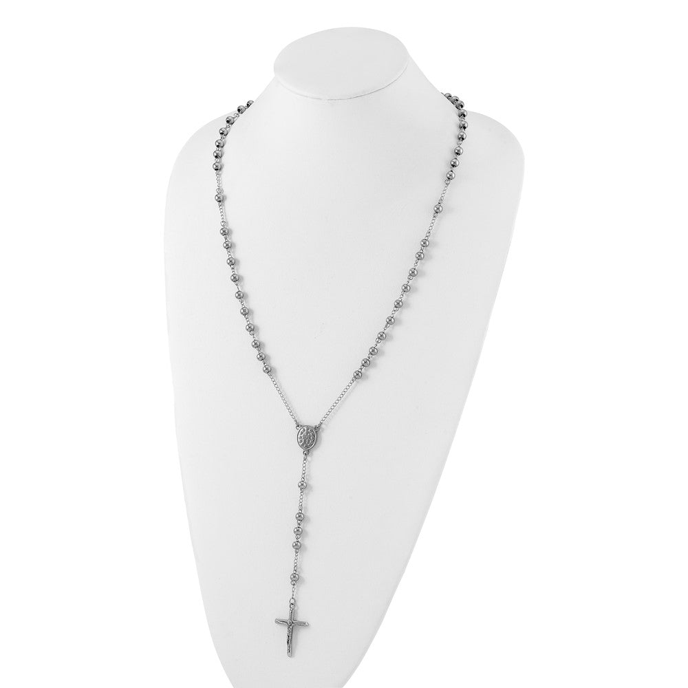 Stainless Steel Chisel Polished 6mm Beaded 29.5 Inch Rosary Necklace