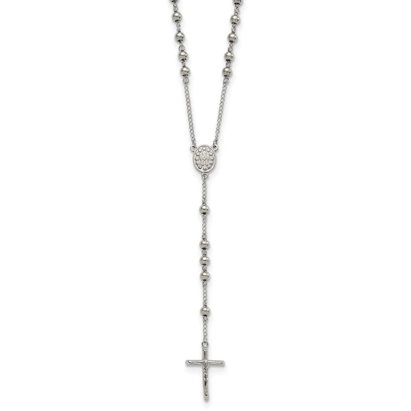 Stainless Steel Chisel Polished 6mm Beaded 29.5 Inch Rosary Necklace