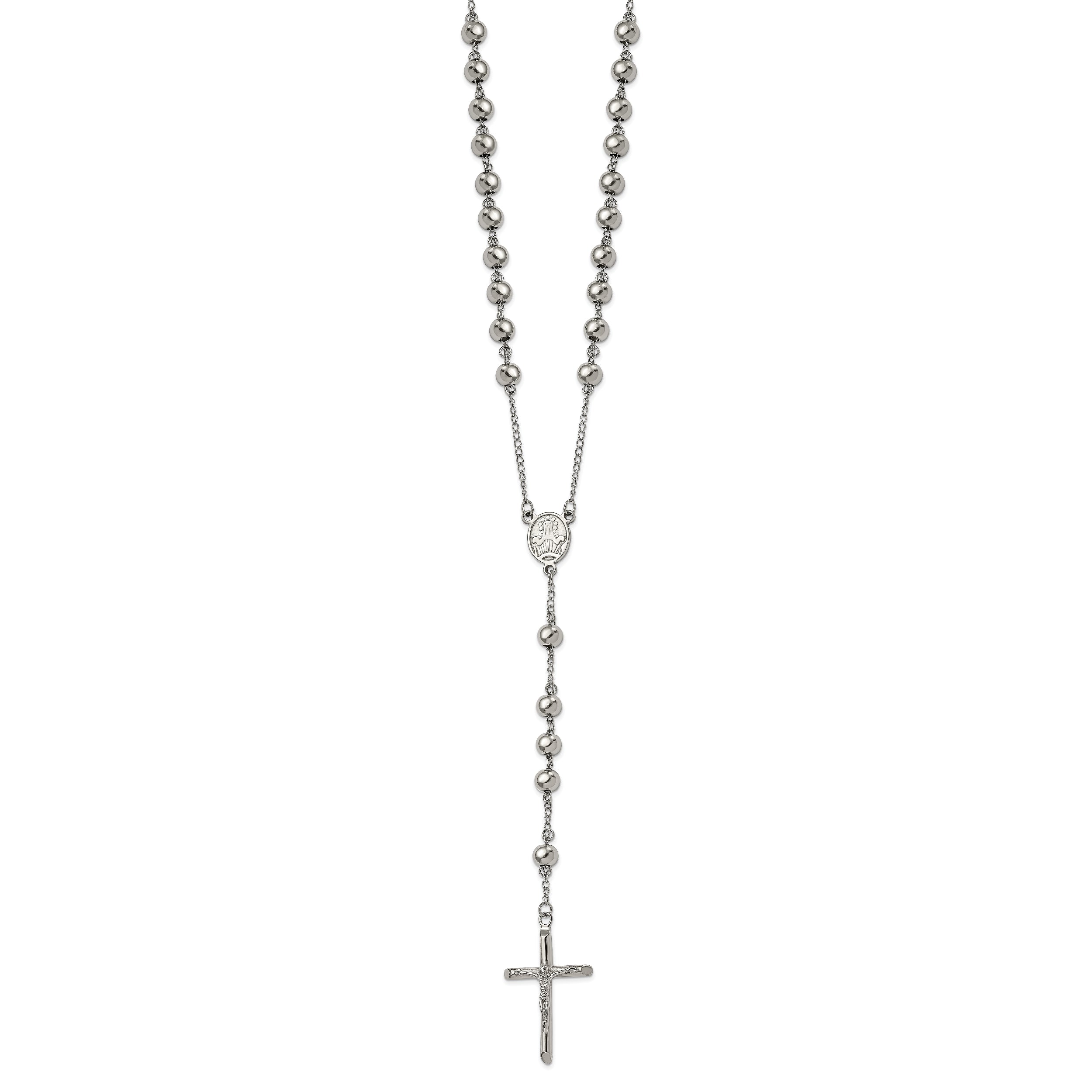Stainless Steel Chisel Polished 8mm Beaded 32.5 Inch Rosary Necklace