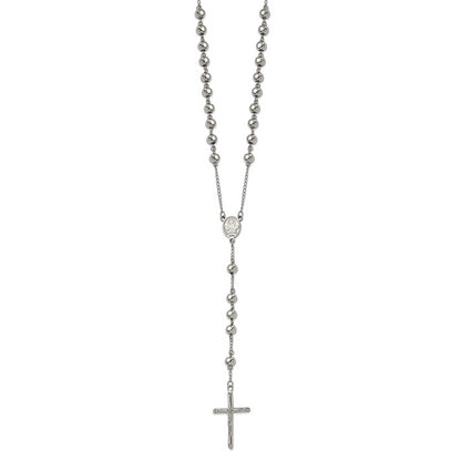 Stainless Steel Chisel Polished 8mm Beaded 32.5 Inch Rosary Necklace
