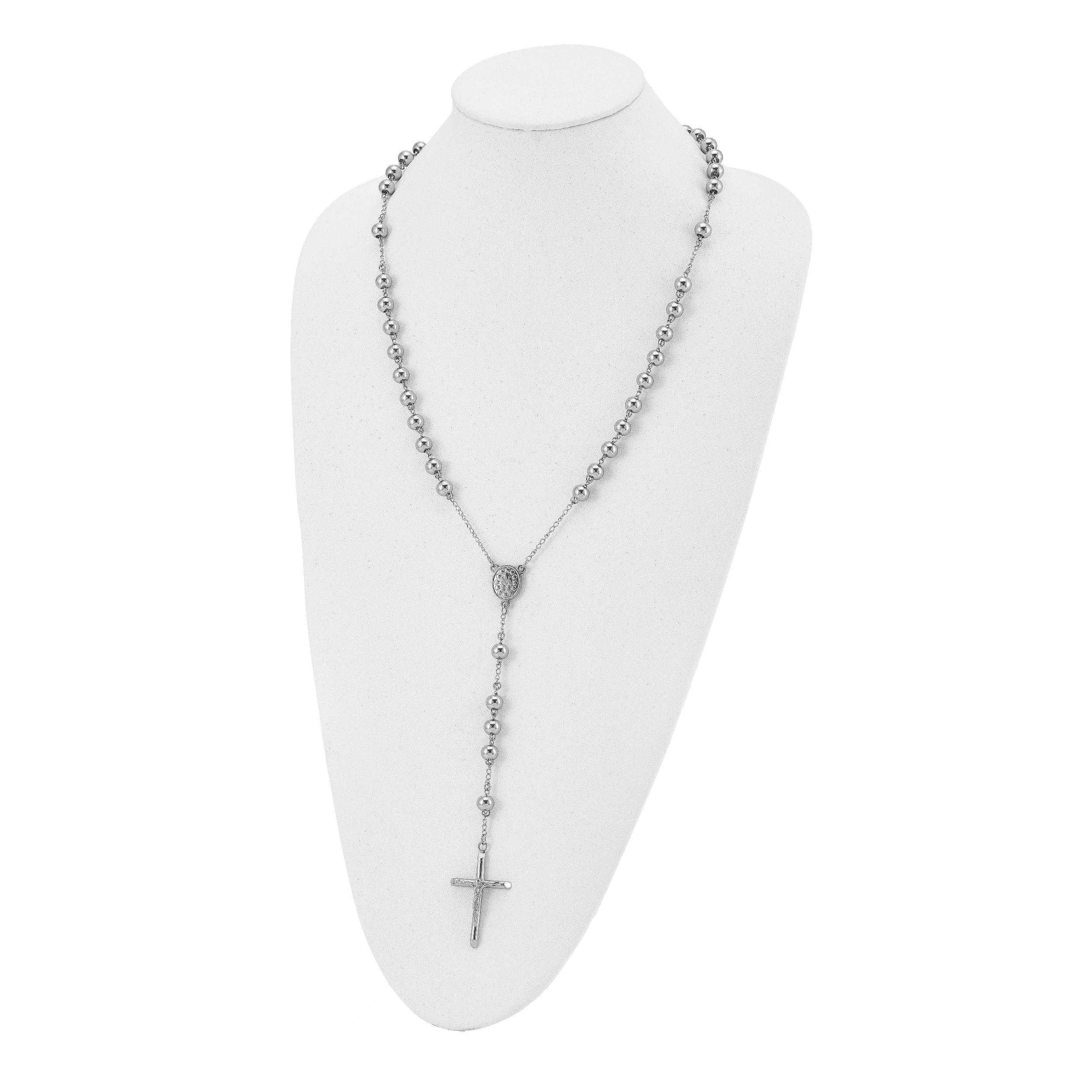Stainless Steel Chisel Polished 8mm Beaded 32.5 Inch Rosary Necklace