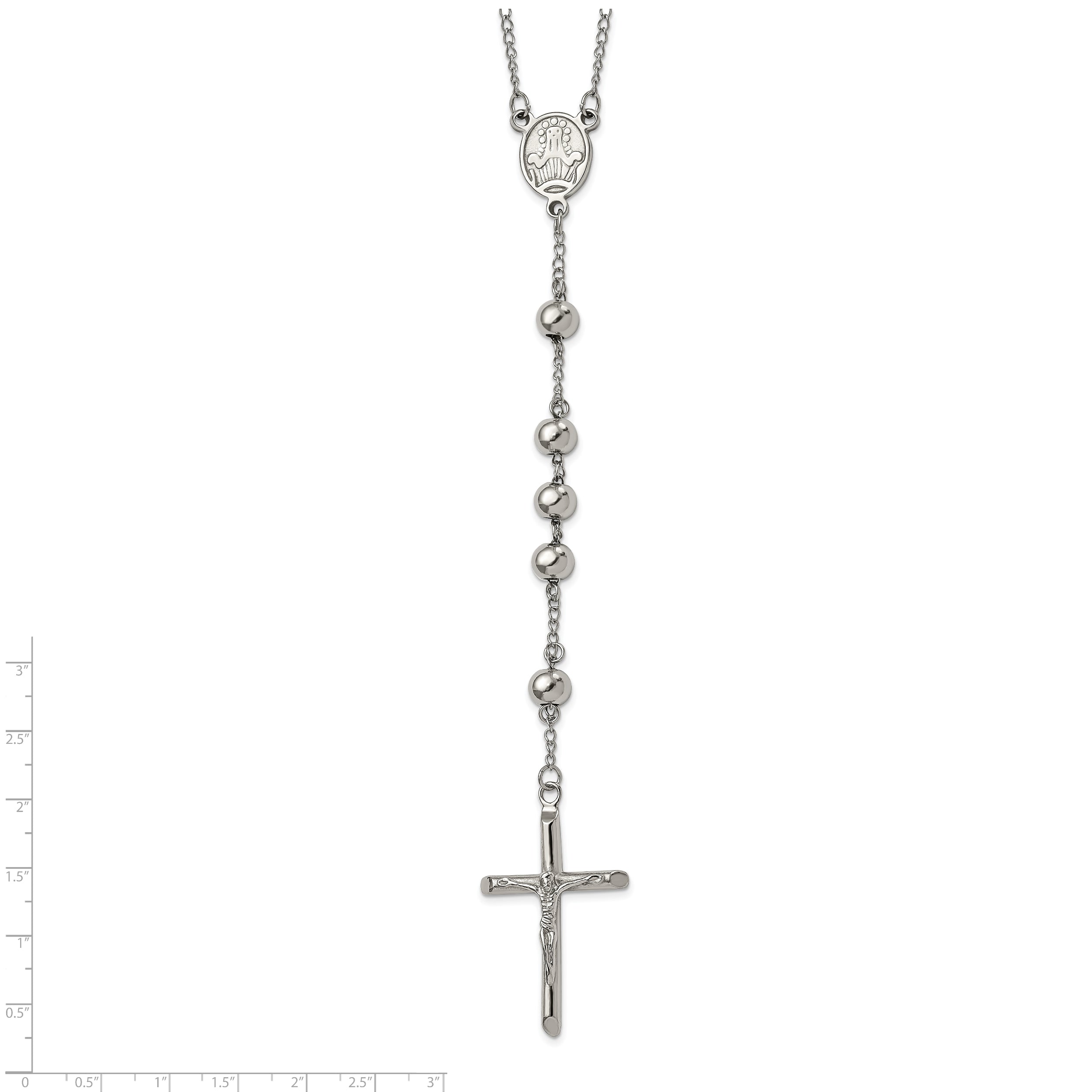 Stainless Steel Chisel Polished 8mm Beaded 32.5 Inch Rosary Necklace