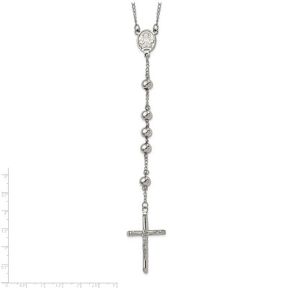 Stainless Steel Chisel Polished 8mm Beaded 32.5 Inch Rosary Necklace