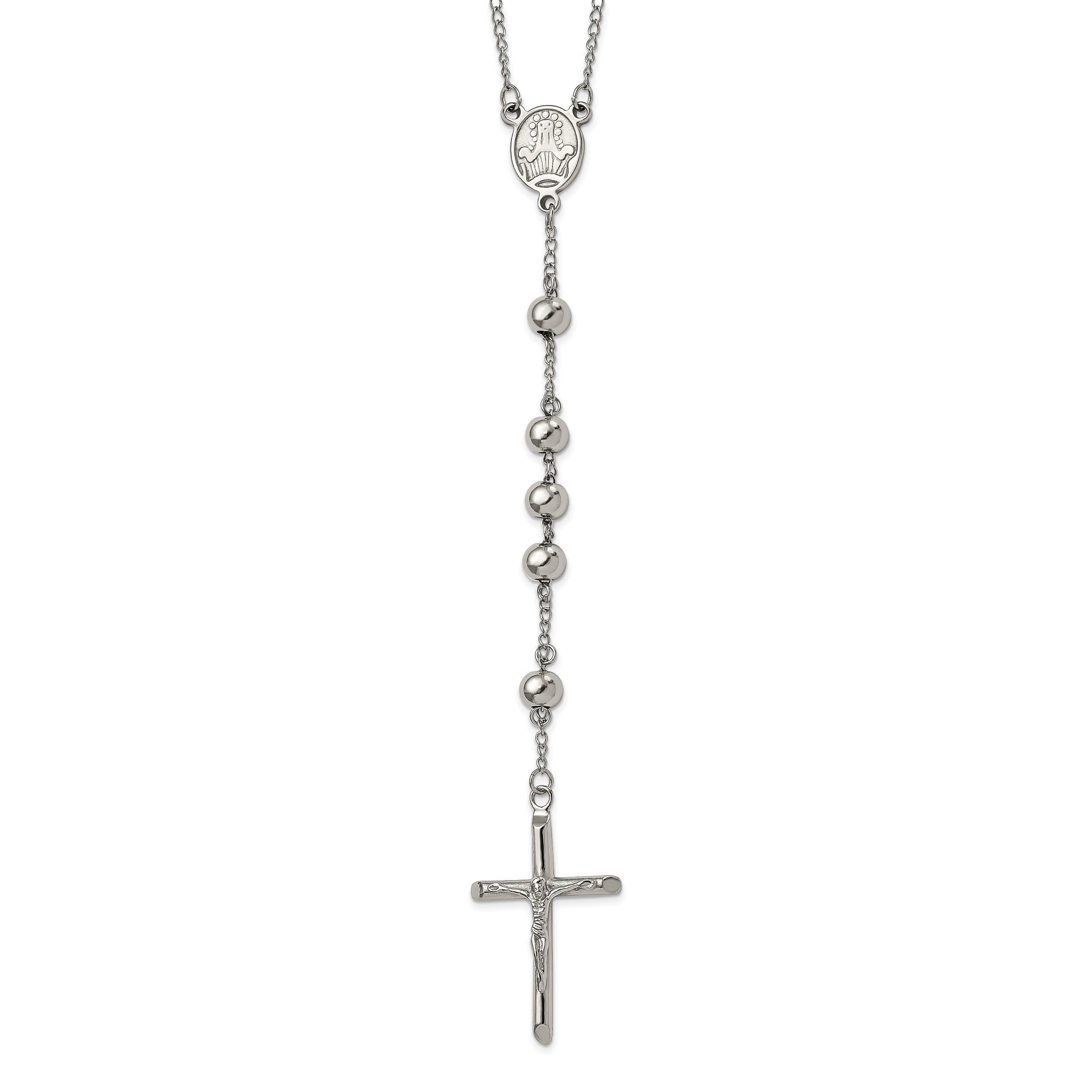 Stainless Steel Chisel Polished 8mm Beaded 32.5 Inch Rosary Necklace