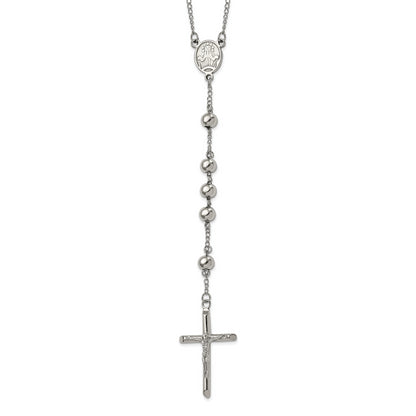 Stainless Steel Chisel Polished 8mm Beaded 32.5 Inch Rosary Necklace