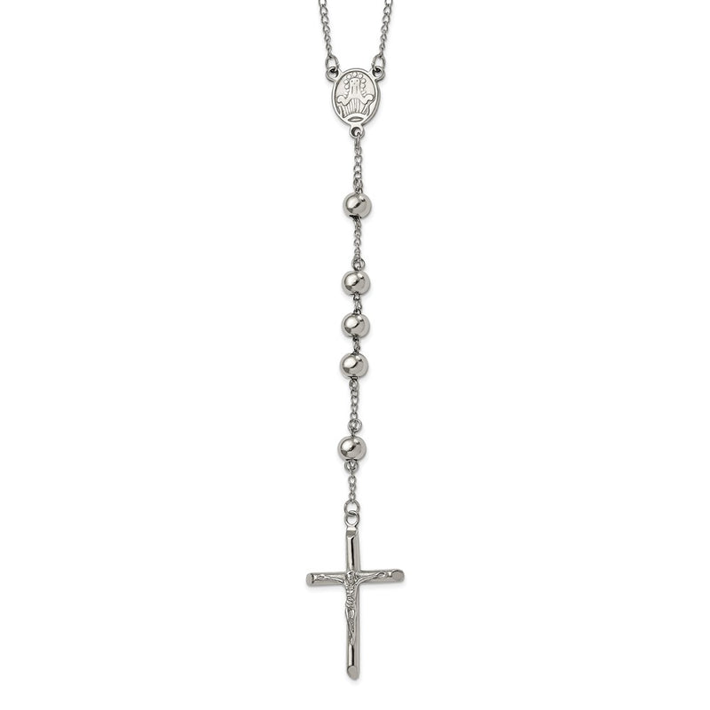 Stainless Steel Chisel Polished 8mm Beaded 32.5 Inch Rosary Necklace