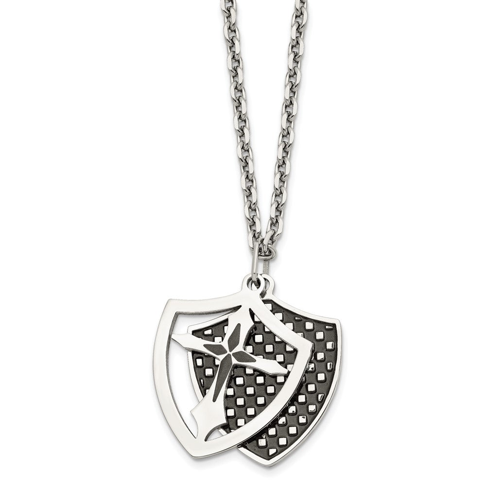 Stainless Steel Polished Black Ip-Plated Moveable Shield 22In Necklace