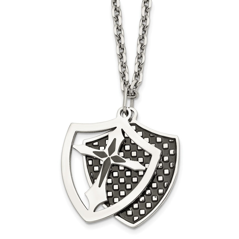 Stainless Steel Polished Black Ip-Plated Moveable Shield 22In Necklace