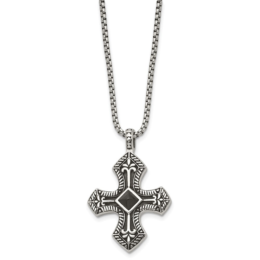 Stainless Steel Antiqued And Brushed W/Black Agate Cross 24In Necklace